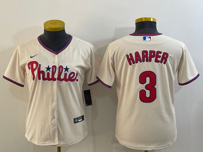 Women's Philadelphia Phillies #3 Bryce Harper Cream Cool Base Stitched Baseball Jersey(Run Small)